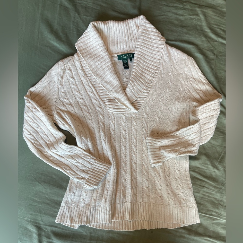 Lauren Ralph Lauren 86%Silk/14%Cashmere Cable Knit Cream Collar Sweater Sm!